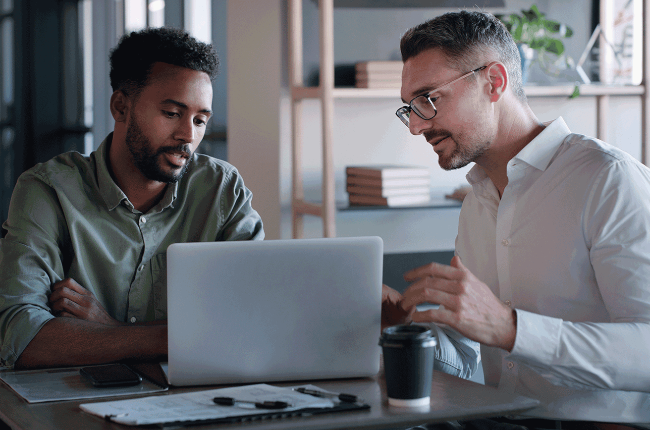 Two men reviewing standards on a laptop