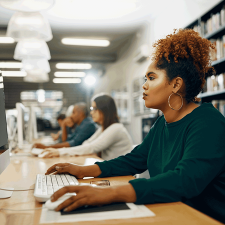 Woman in a library working on a computer